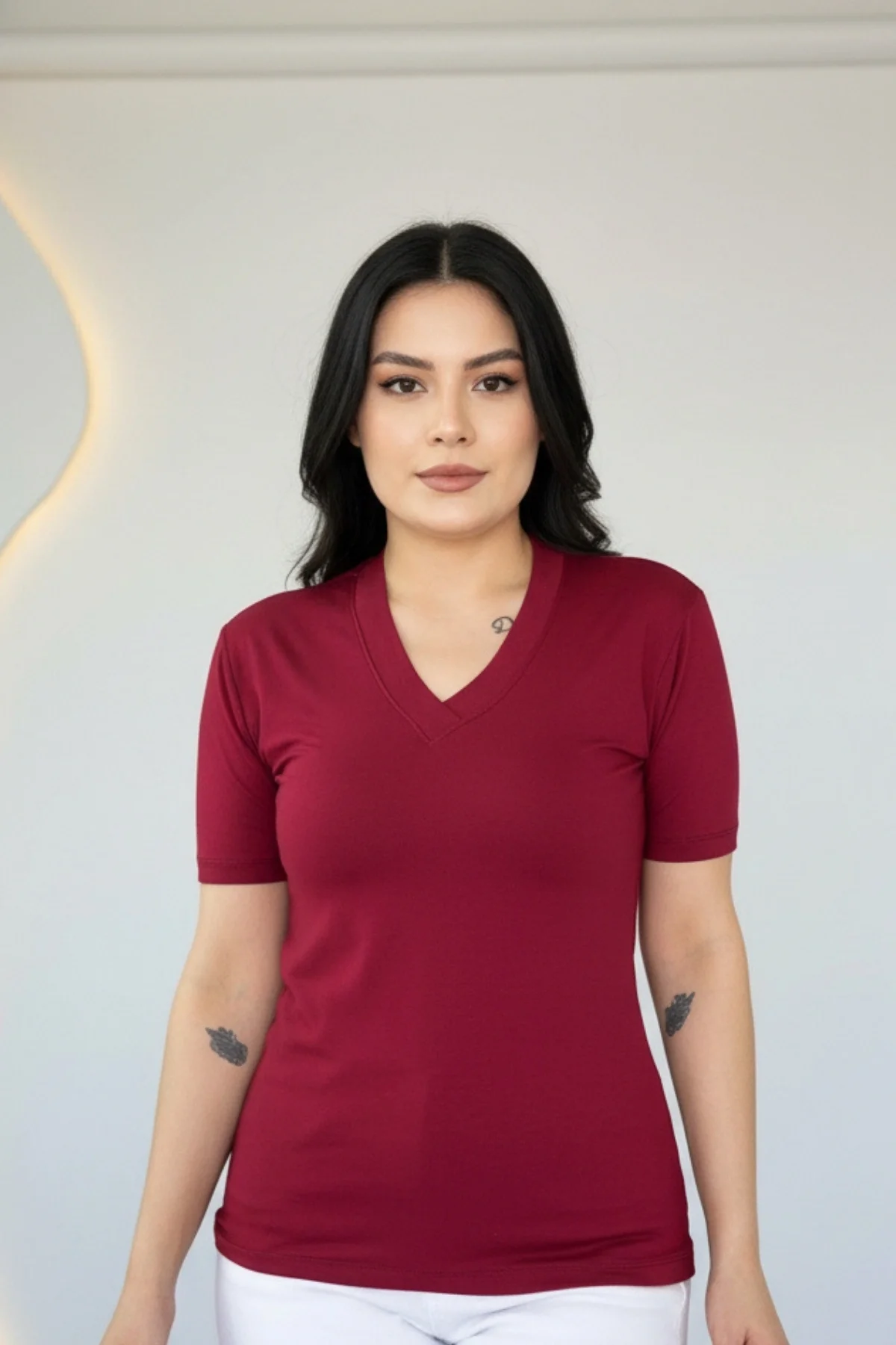 Kadın BORDO V Yaka Kısa Kol Likralı Pamuk Vizkon Kumaş Bluz