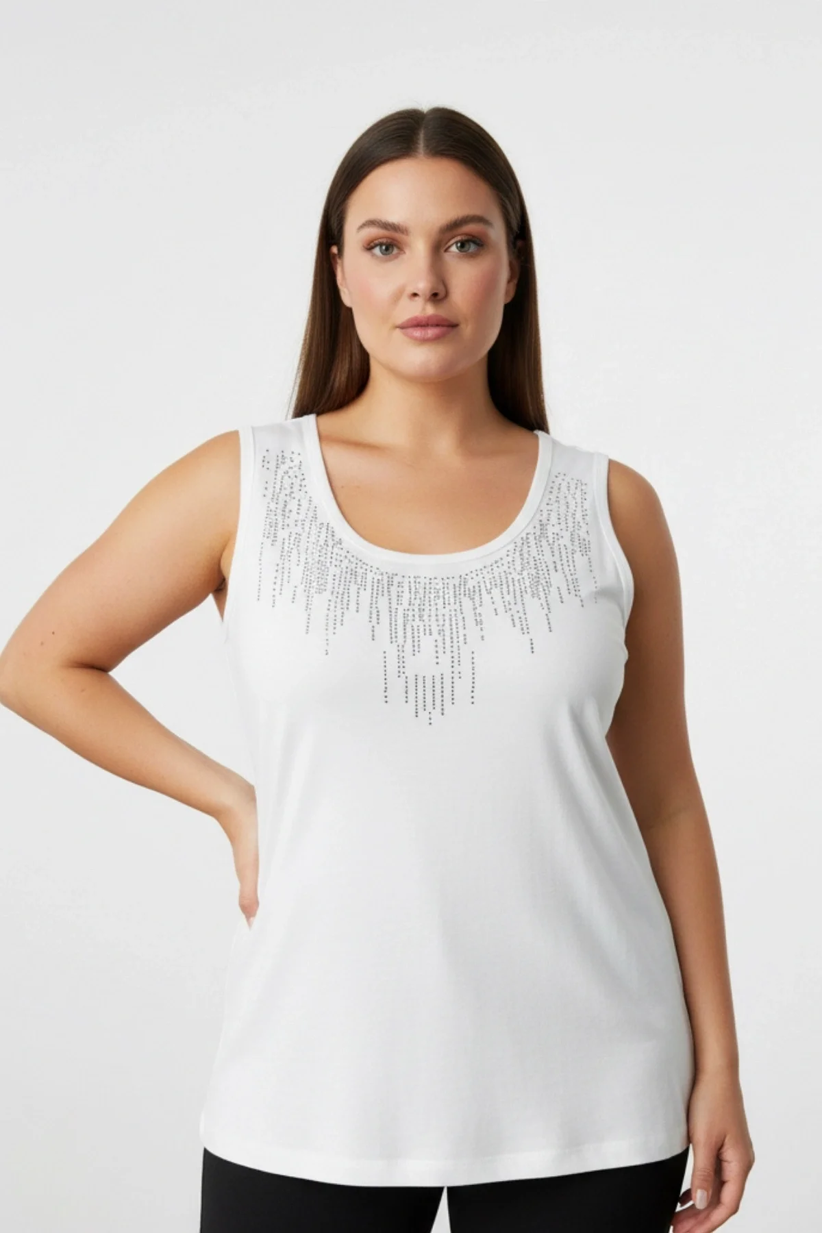 Kadın BEYAZ Bisiklet Yaka Büyük Beden Yakası Taş İşlemeli Likralı Buluz