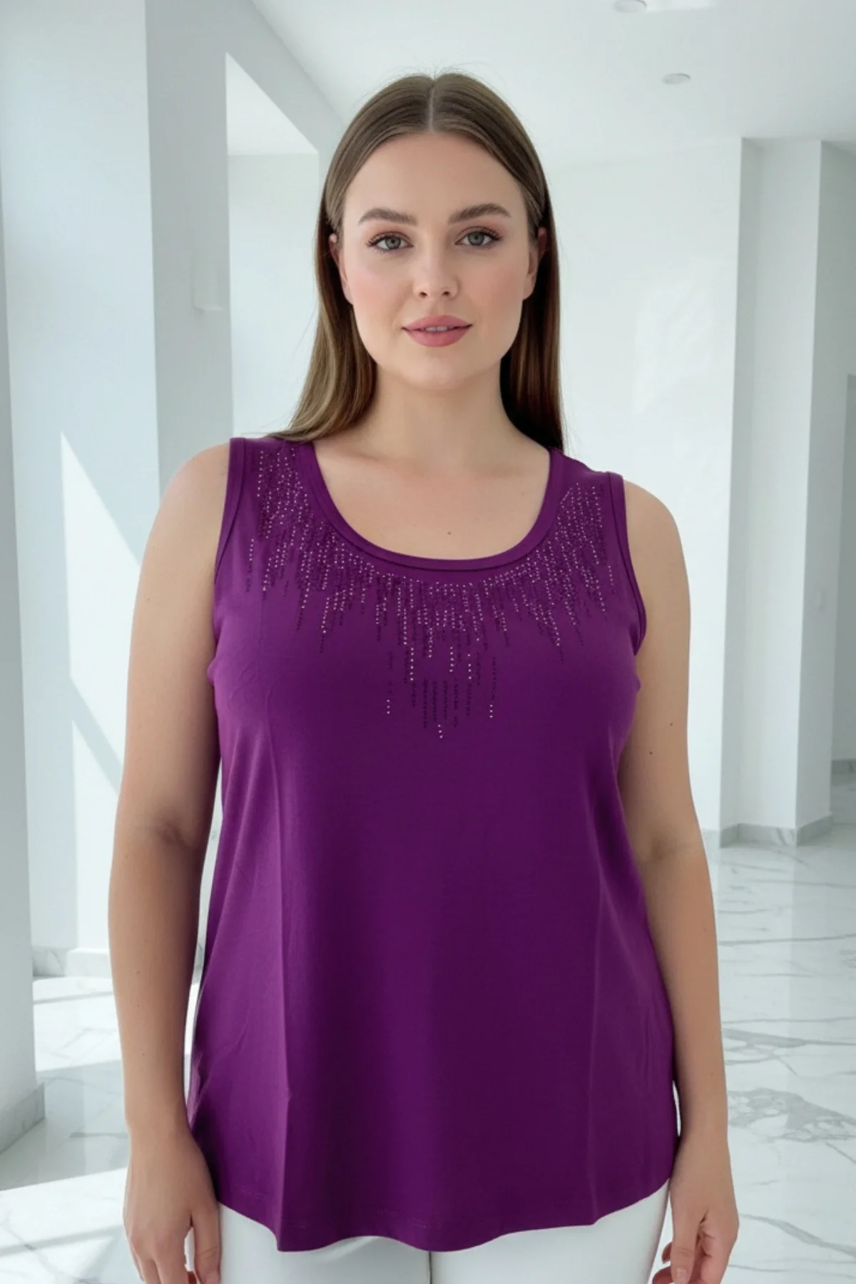 Kadın MÜRDÜM Bisiklet Yaka Büyük Beden Yakası Taş İşlemeli Likralı Buluz