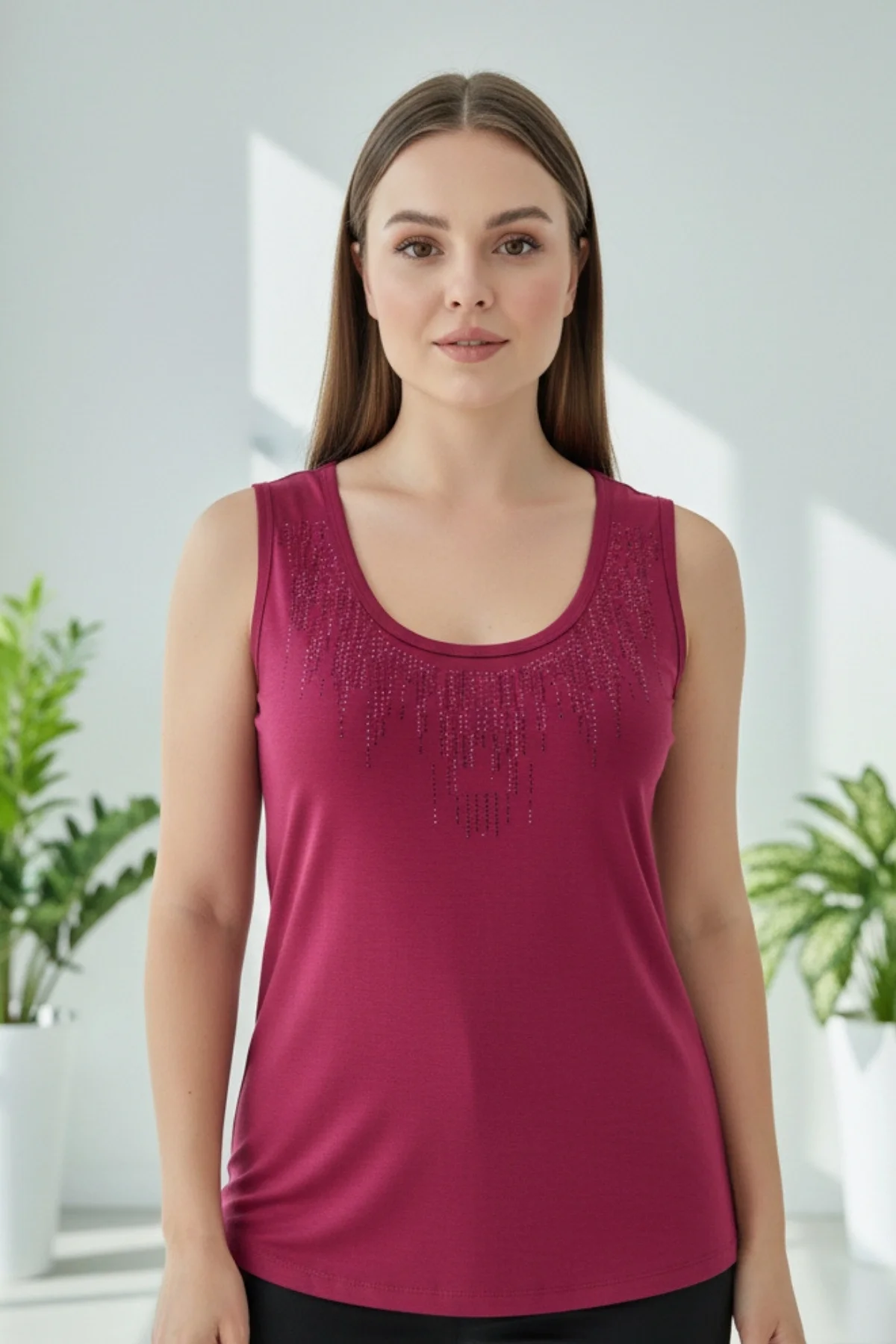 Kadın HAKİ YEŞİL Bisiklet Yaka Büyük Beden Yakası Taş İşlemeli Likralı Buluz