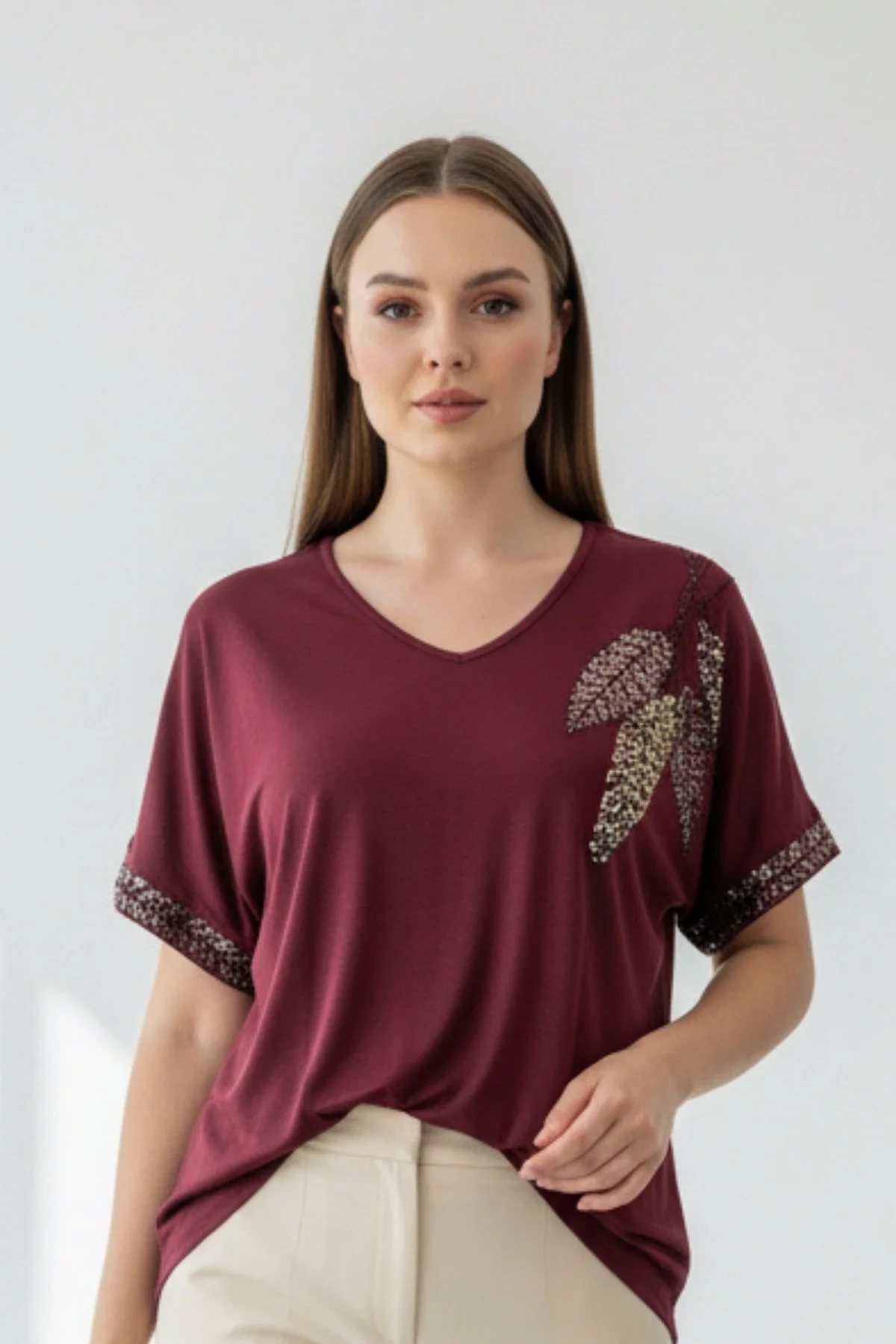 Kadın KİREMİT V Vaka Göğsü 3 Yaprak Kırıistal Taşlı Likralı Kısa Kol Bluz