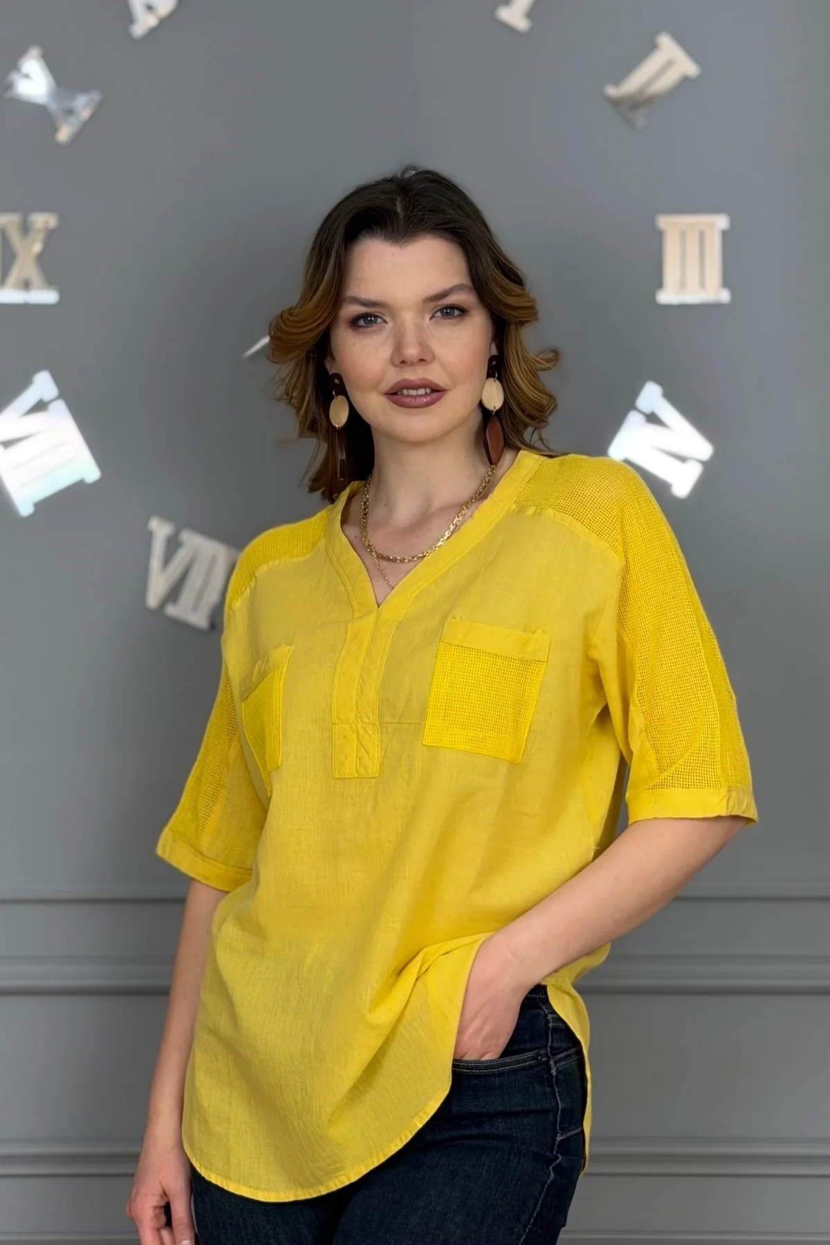 Kadın SARI  Yıkamalı Organik Pamuk Keten Kumaş Omuz Ve Cebi File Detaylı Dirsek Kol TUNİK Gömlek