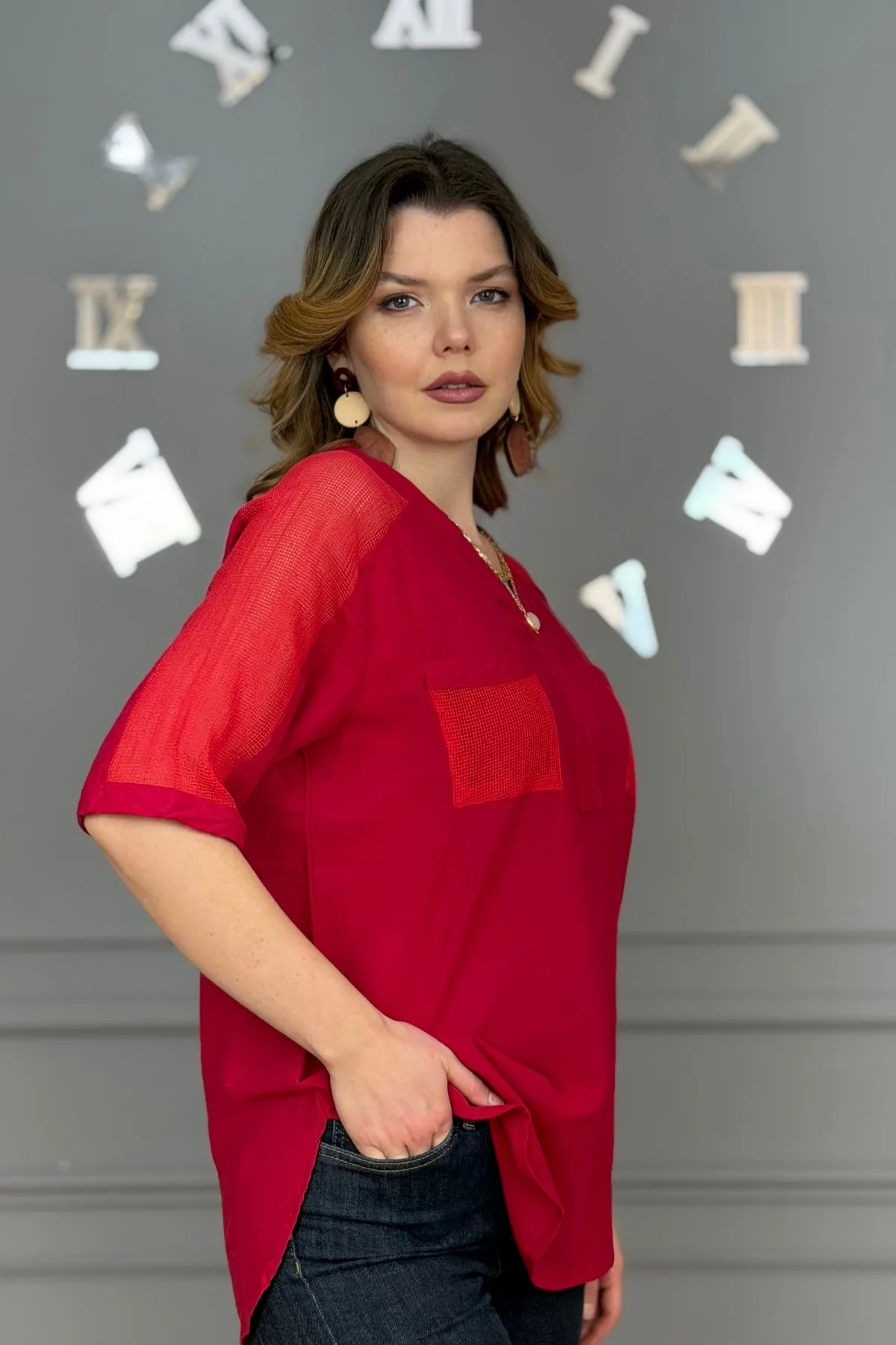 Kadın KIRMIZI  Yıkamalı Organik Pamuk Keten Kumaş Omuz Ve Cebi File Detaylı Dirsek Kol TUNİK Gömlek