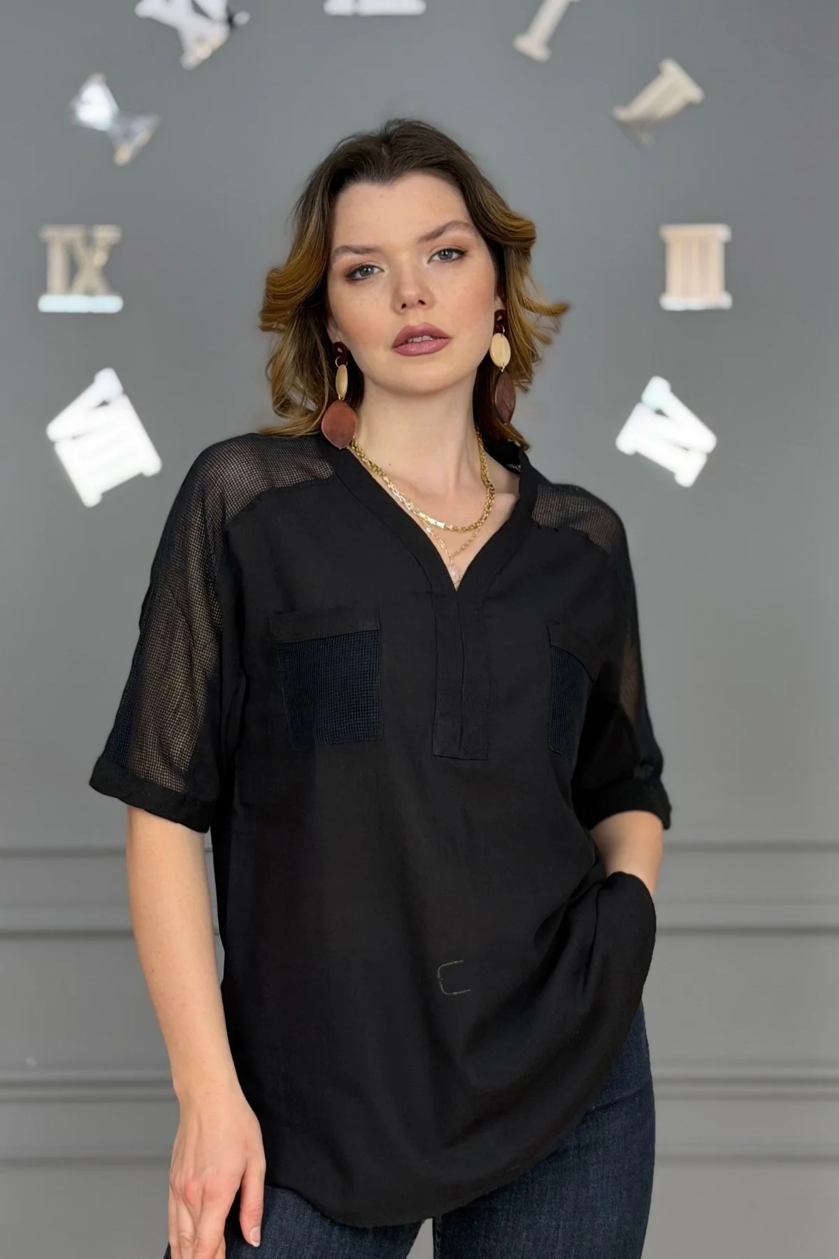 Kadın SİYAH  Yıkamalı Organik Pamuk Keten Kumaş Omuz Ve Cebi File Detaylı Dirsek Kol TUNİK Gömlek