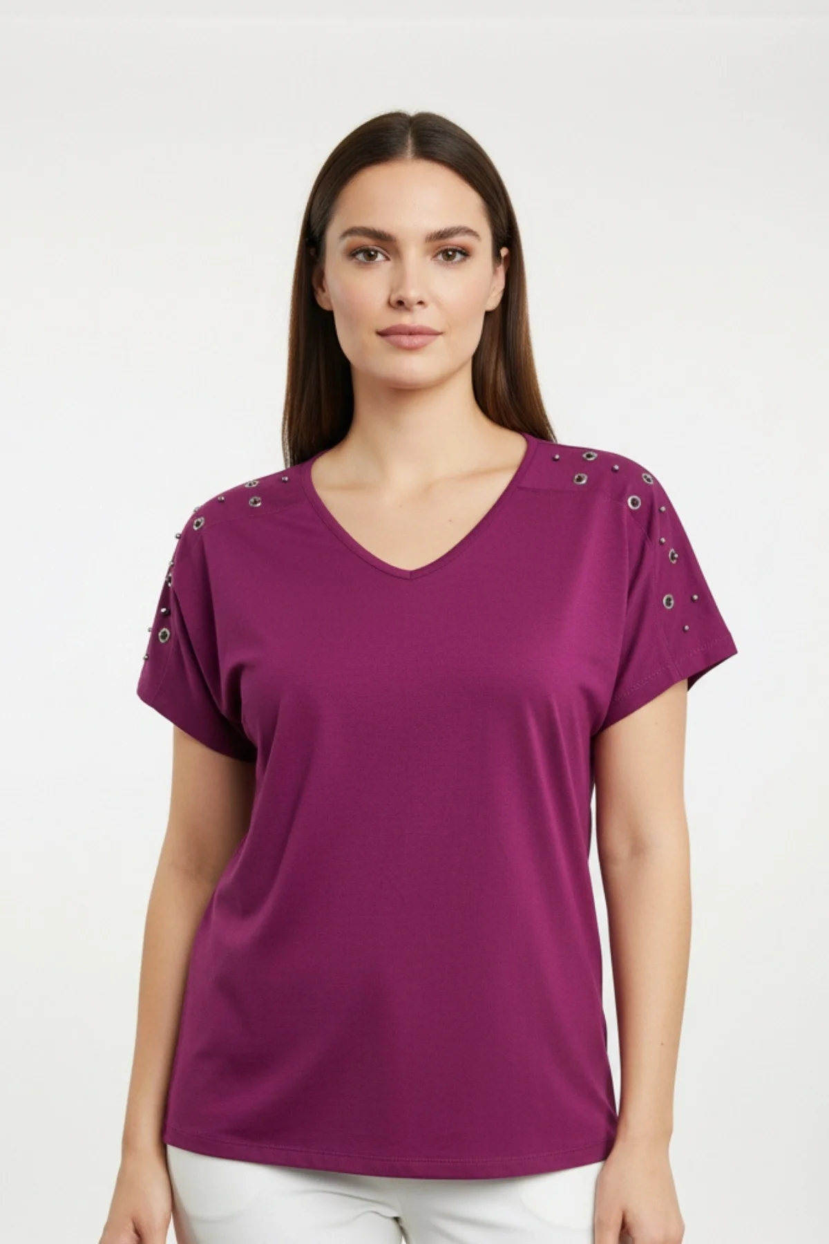 Kadın Mürdüm V Yaka Omuzlar Kuşgözlü Zımbalı Likralı Pamuk Viskon Penye Kumaş