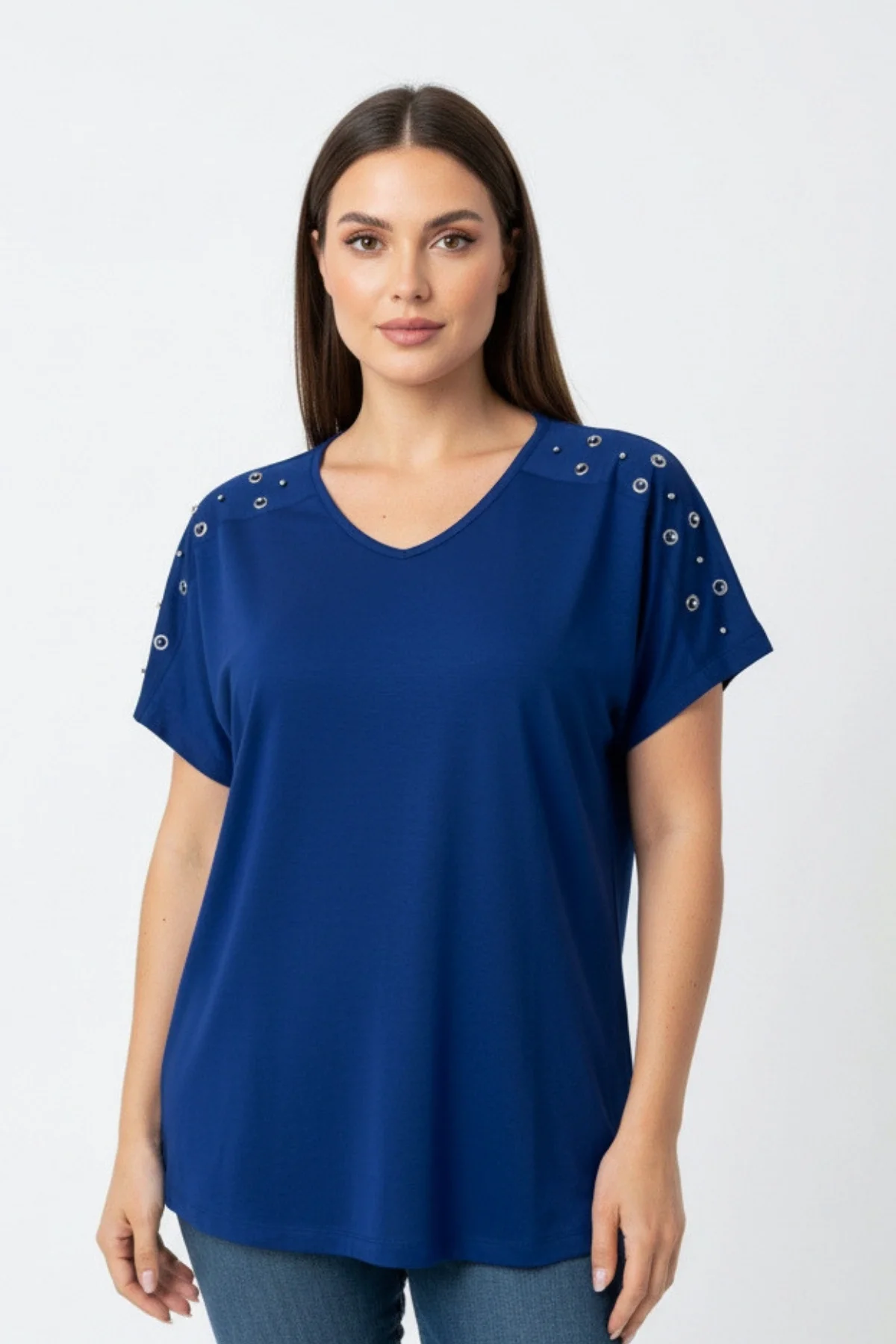 Kadın Lacivert V Yaka Omuzlar Kuşgözlü Zımbalı Likralı Pamuk Viskon Penye Kumaş