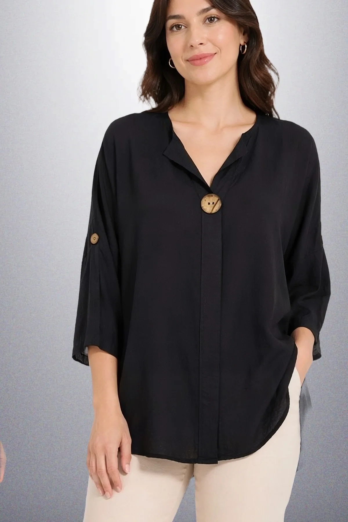 Kadın Siyah Büyük Beden Büyük Tek Düğmeli Yıkamalı Pamuk Keten Katlamalı Kol Gömlek Bluz