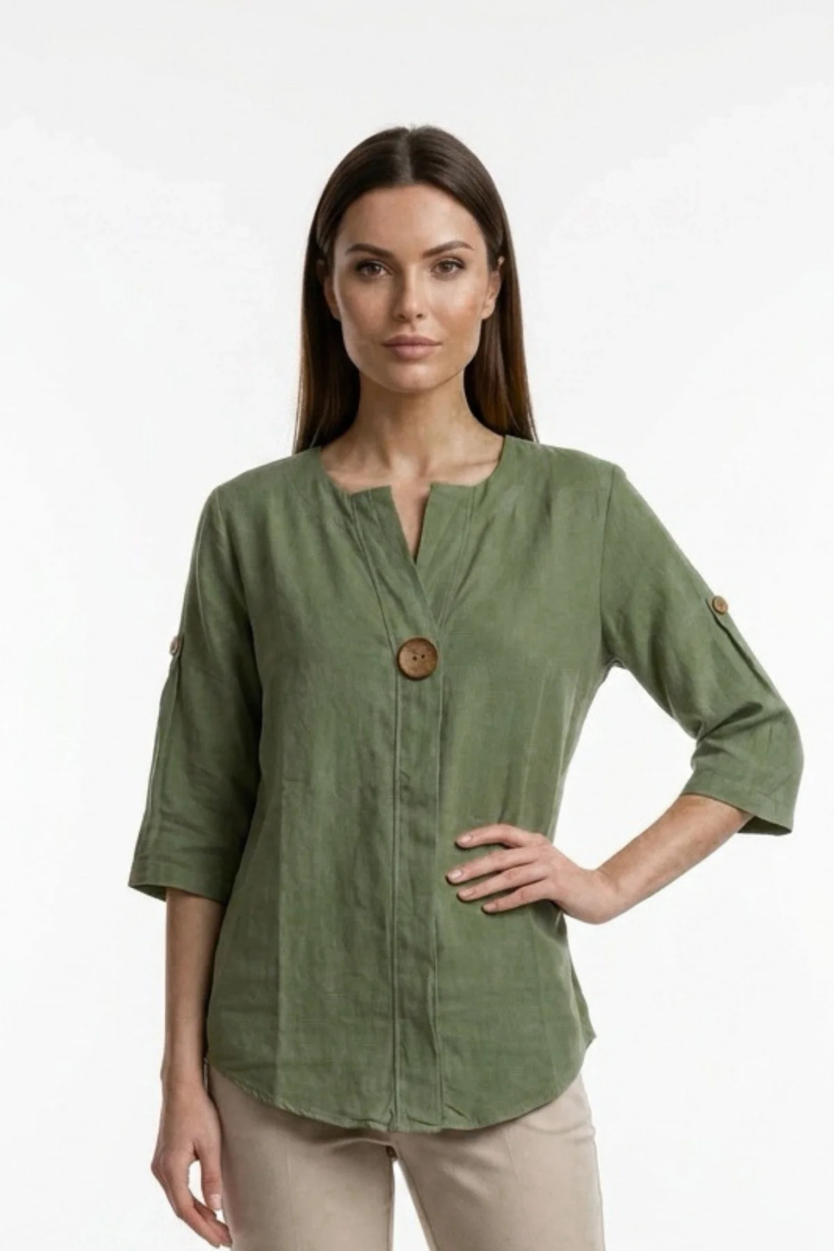 Kadın Haki Yeşil Büyük Beden Büyük Tek Düğmeli Yıkamalı Pamuk Keten Katlamalı Kol Gömlek Bluz