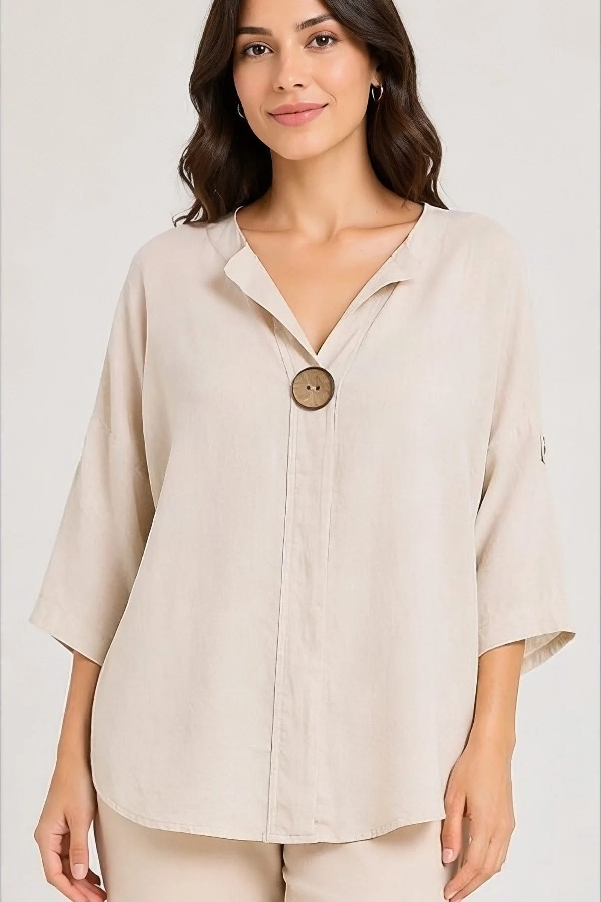 Kadın BEJ Büyük Beden Büyük Tek Düğmeli Yıkamalı Pamuk Keten Katlamalı Kol Gömlek Bluz