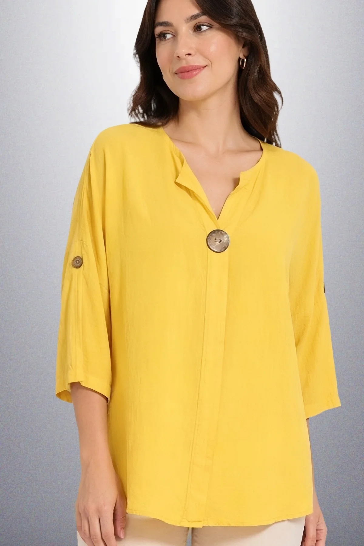 Kadın SARI  Büyük Beden Büyük Tek Düğmeli Yıkamalı Pamuk Keten Katlamalı Kol Gömlek Bluz