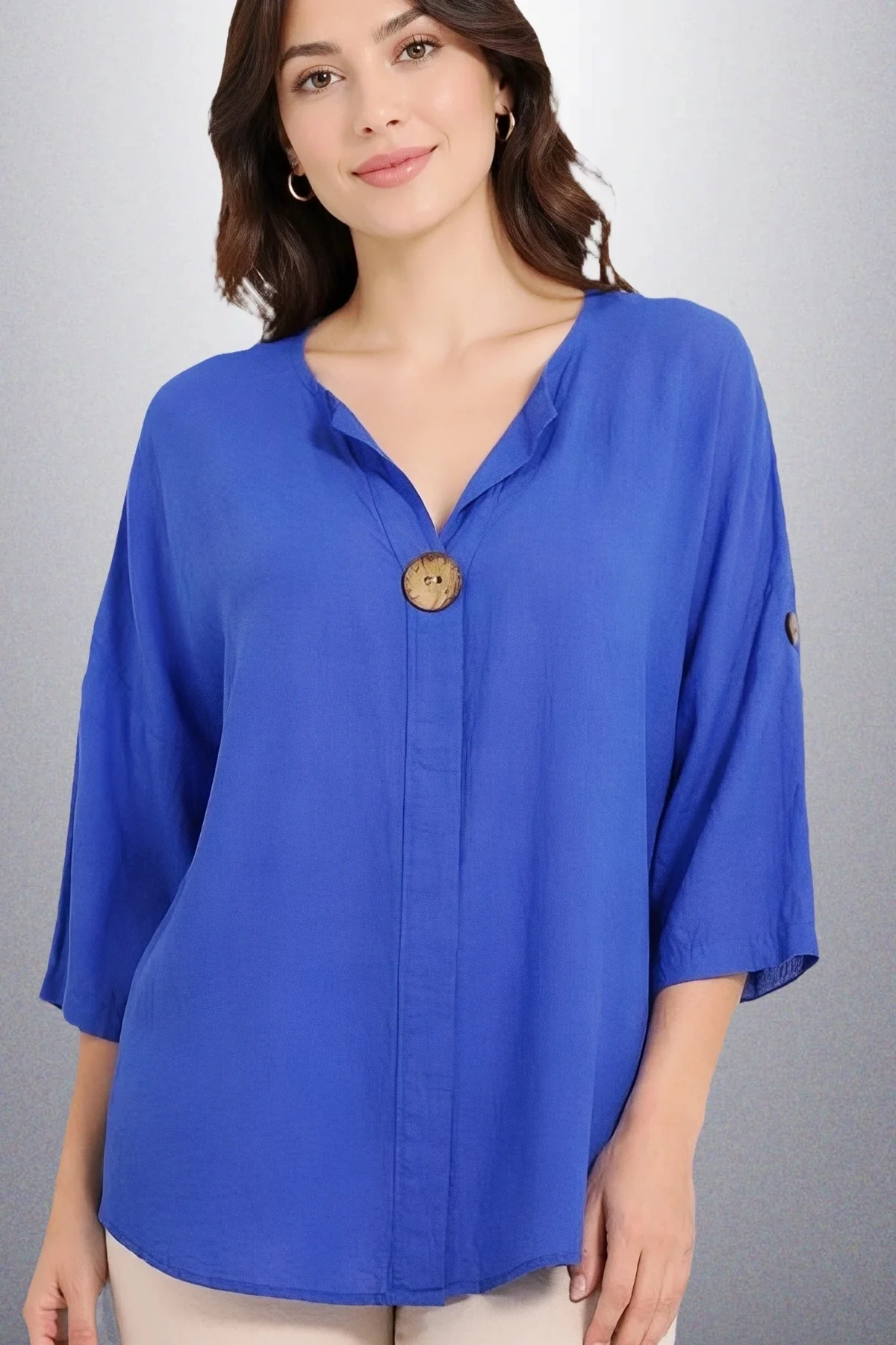 Kadın MAVİ Büyük Beden Büyük Tek Düğmeli Yıkamalı Pamuk Keten Katlamalı Kol Gömlek Bluz
