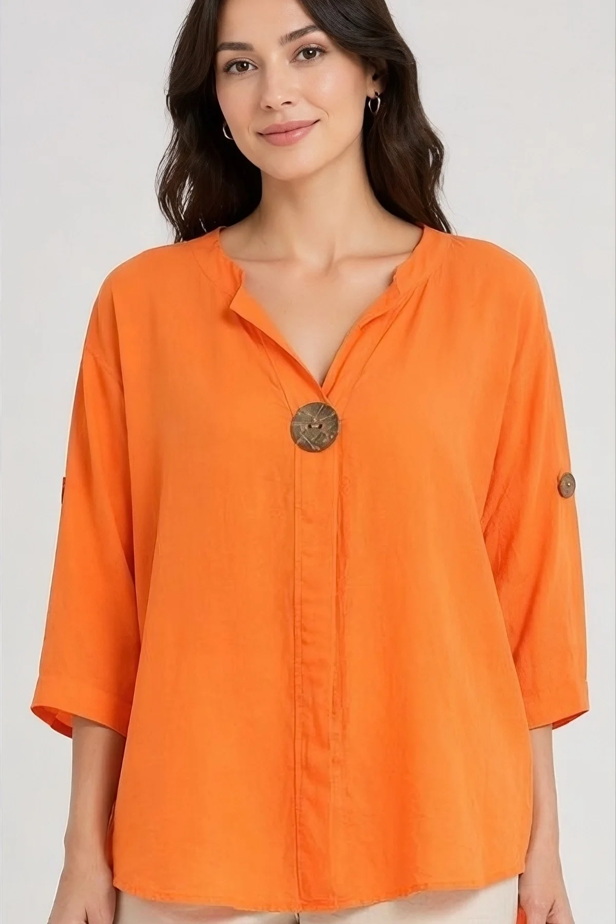 Kadın TURUNCU  Büyük Beden Büyük Tek Düğmeli Yıkamalı Pamuk Keten Katlamalı Kol Gömlek Bluz