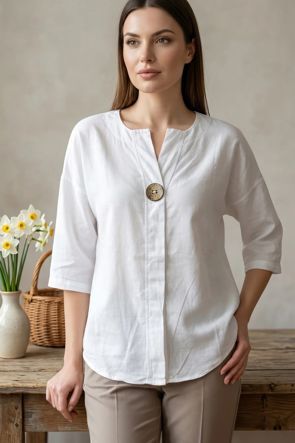 Kadın BEYAZ Büyük Beden Büyük Tek Düğmeli Yıkamalı Pamuk Keten Katlamalı Kol Gömlek Bluz