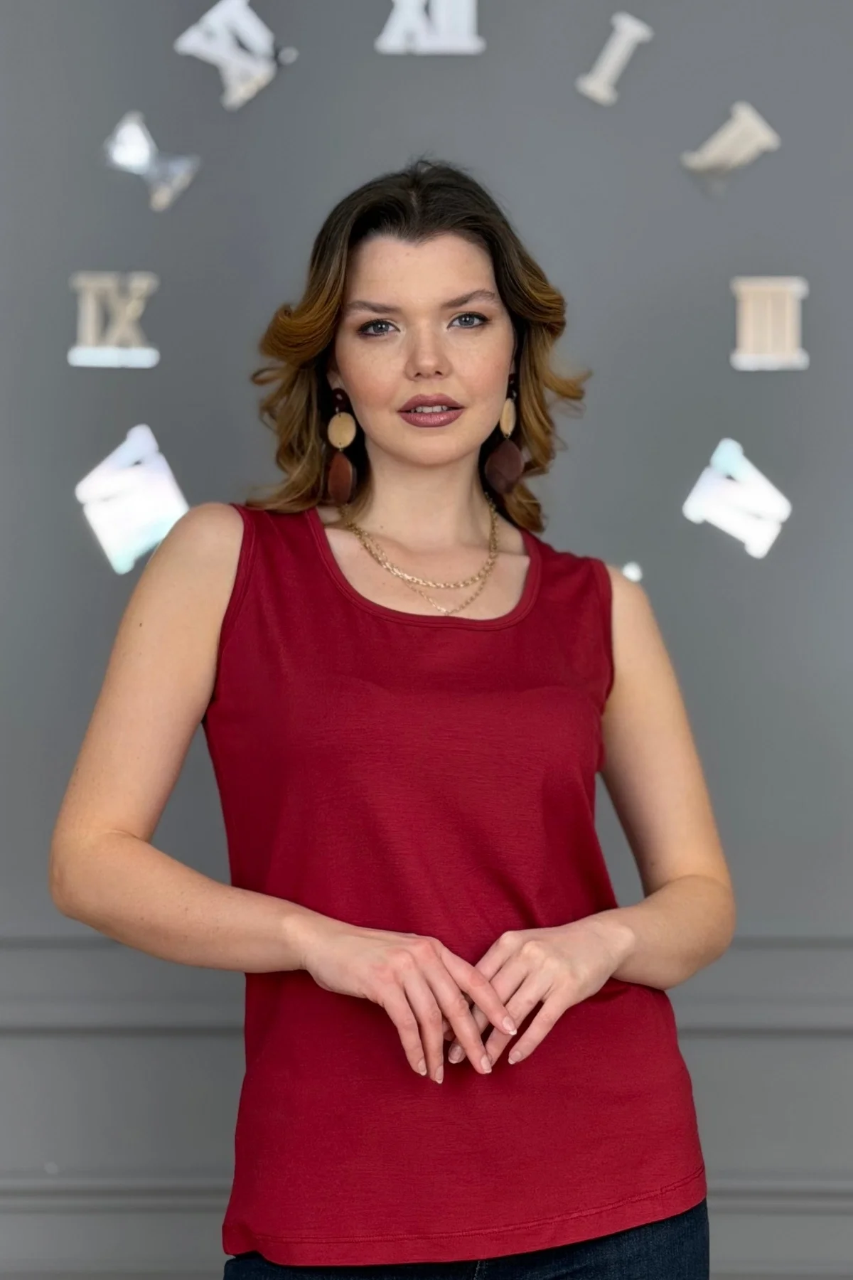 Kadın BORDO U Yaka Kalın Askılı Likralı Pamuk Viskon Penye Bluz.
