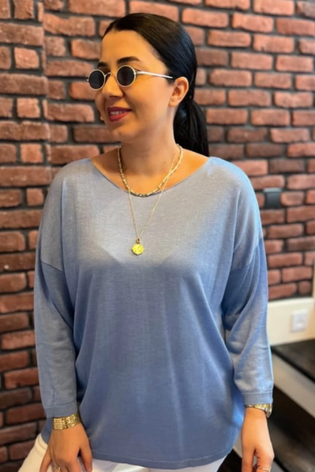 Kadın Açık Mavi Kayık Yaka Likralı % 100 PAMUK İPLİK İnce Triko Bluz