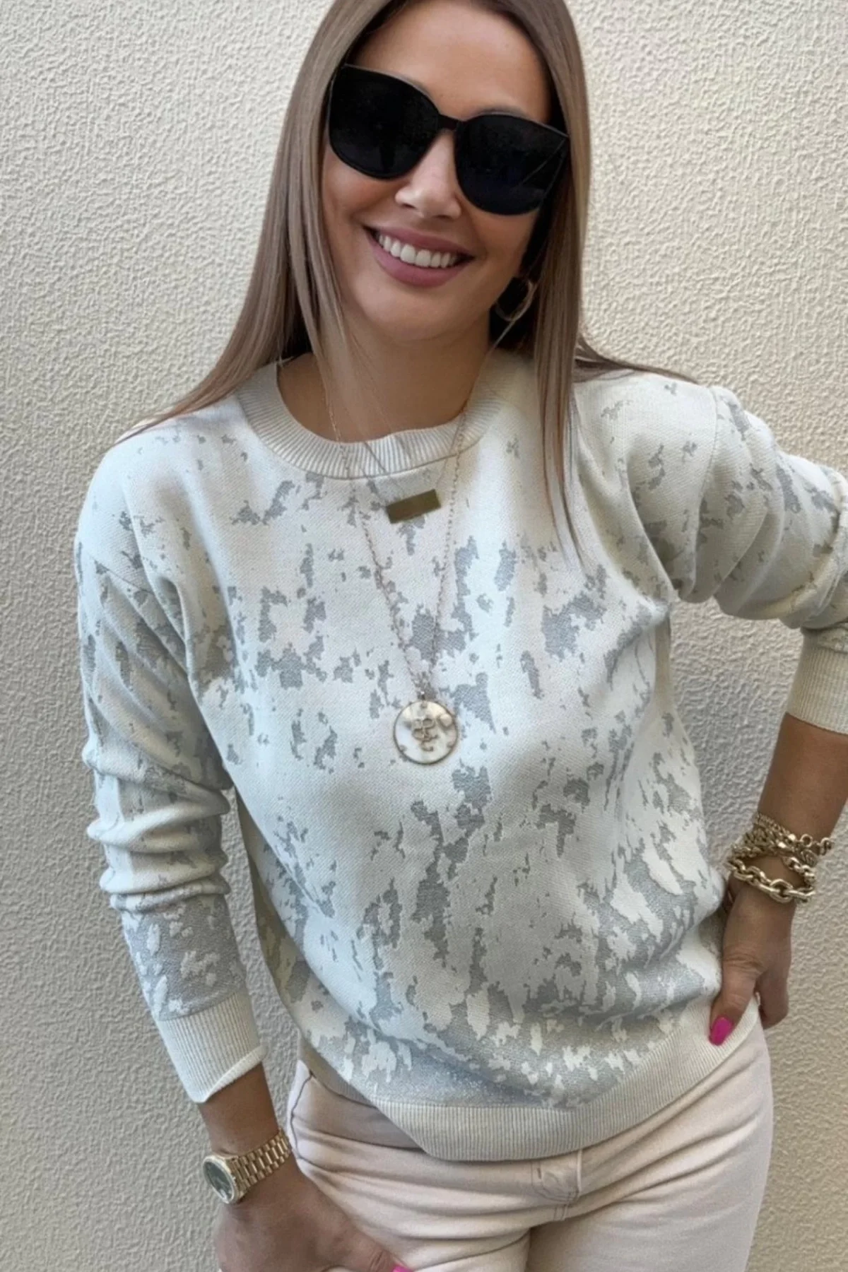 Kadın Krem Gri Sim Detaylı Bisiklet Yaka Batik Desen Yeni Sezon Likralı Esnek Tiriko Kazak