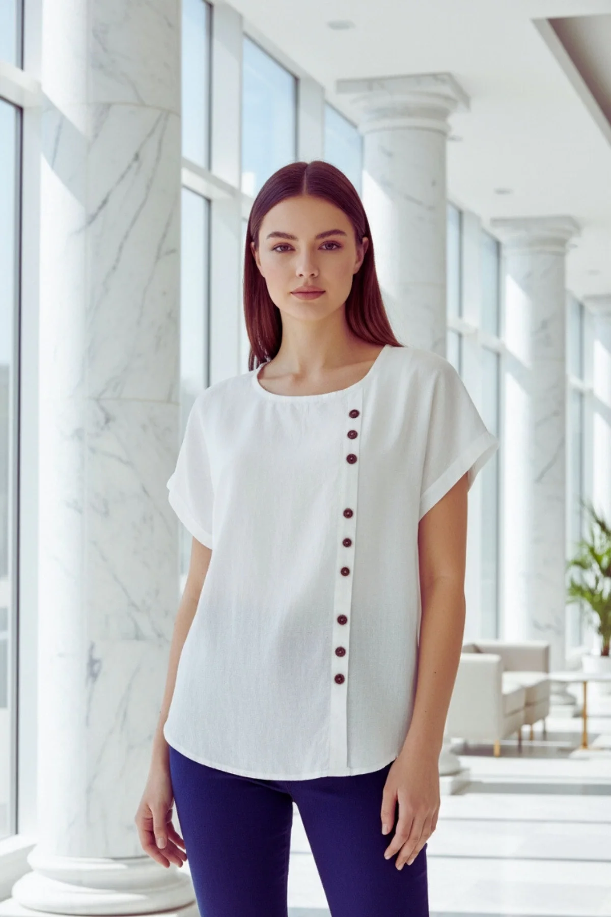 Kadın Beyaz Bisiklet Yaka Önü Düğmeli Pamuk Keten Kumaş Buluz