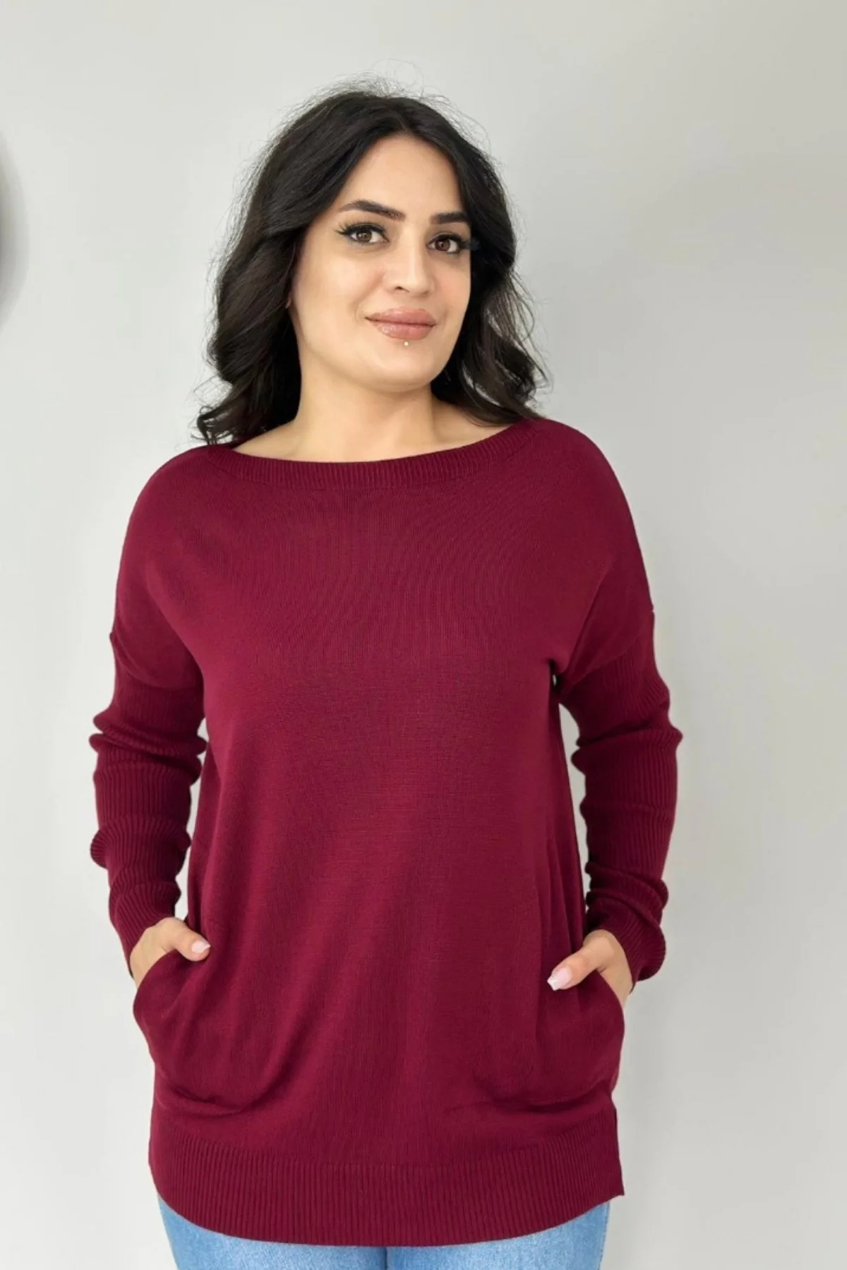 Kadın Bordo Bisiklet Yaka Yandan Cepli Likralı Esnek Yumuşak Dokulu Triko Bluz