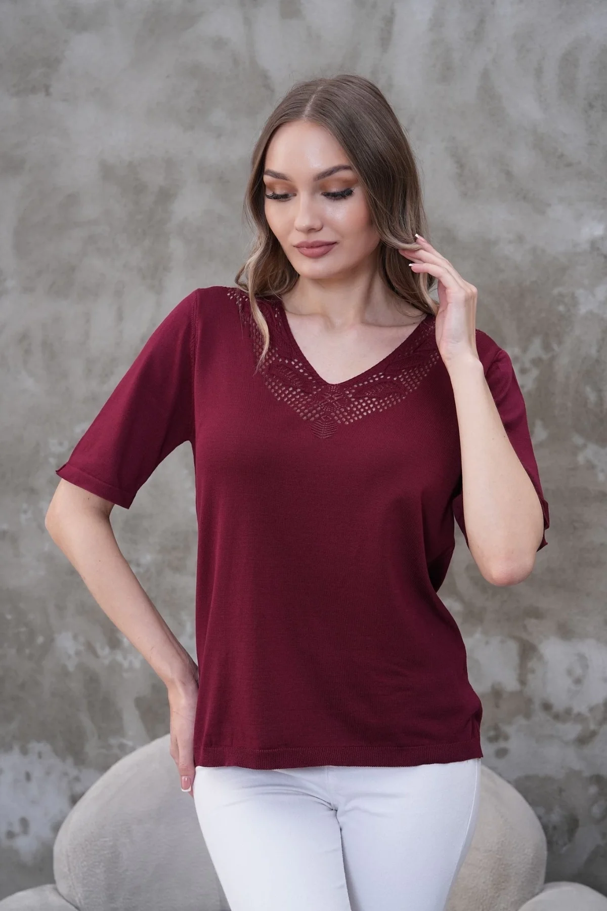 Kadın Bordo V Yaka Yakası Ve Sırtı Detaylı Soğuk İpilik Merserize Likralı Buluz