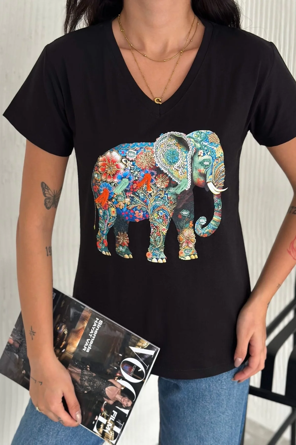 Kadın Büyük Beden Siyah V Yaka Önü Fil Nakışlı Pul İşlemeli %100 PAMUK PENYE Penye Buluz