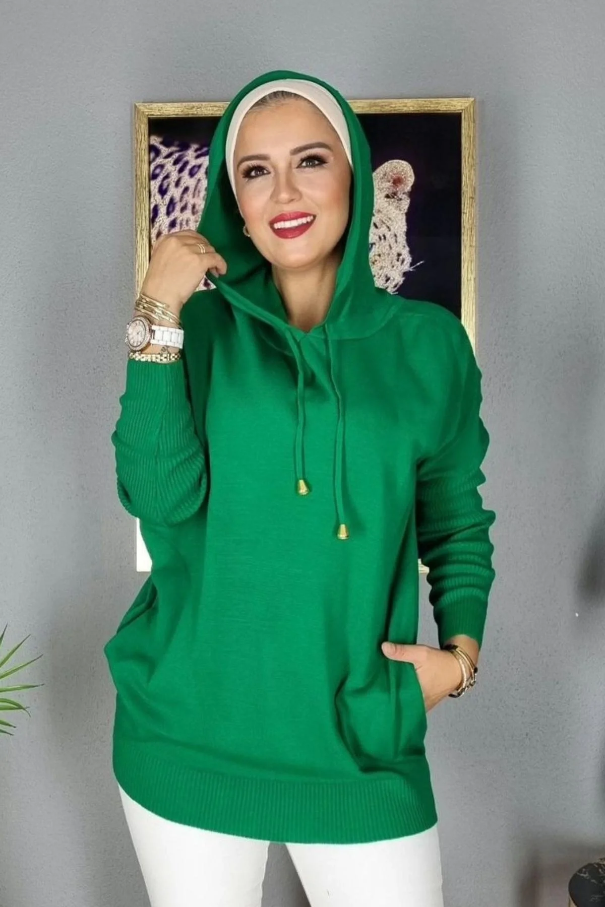 Kadın Çimen Yeşili Kapüsonlu Cepli Triko Bluz