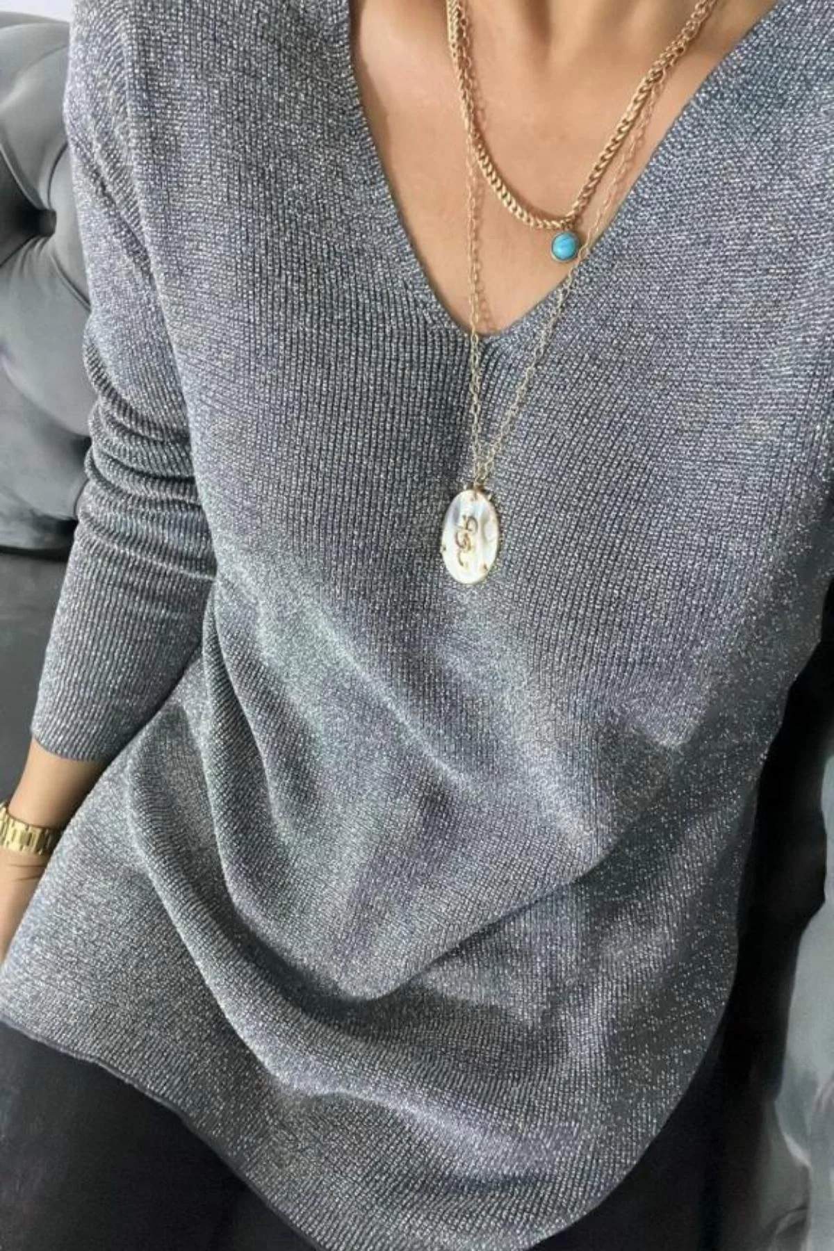 Kadın Gri V Yaka Likralı Dışı Simli İçi Yumoş İnce Triko Bluz
