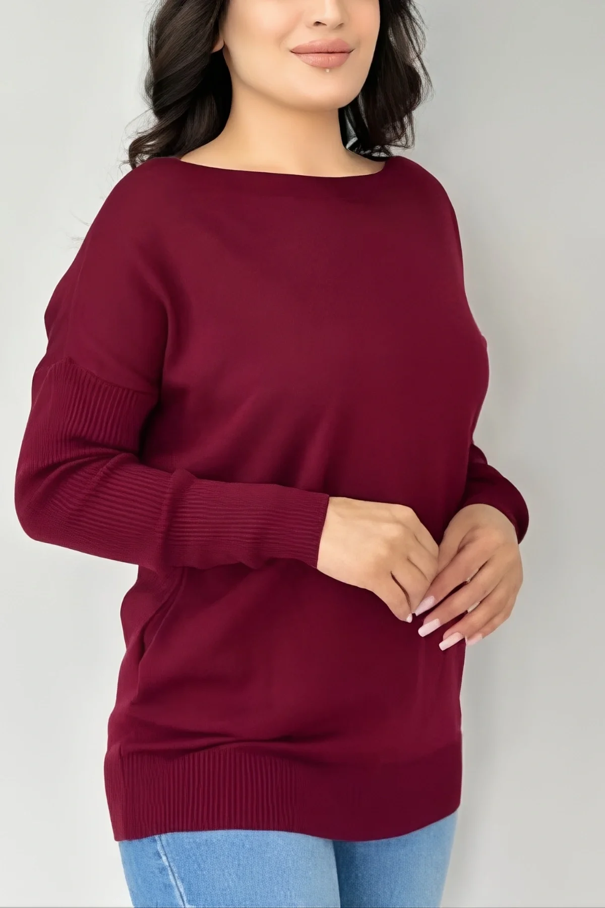 Kadın BORDO Bisiklet Yaka Yandan Cepli Likralı Yumuşak Dokulu İnce Tiriko Kazak