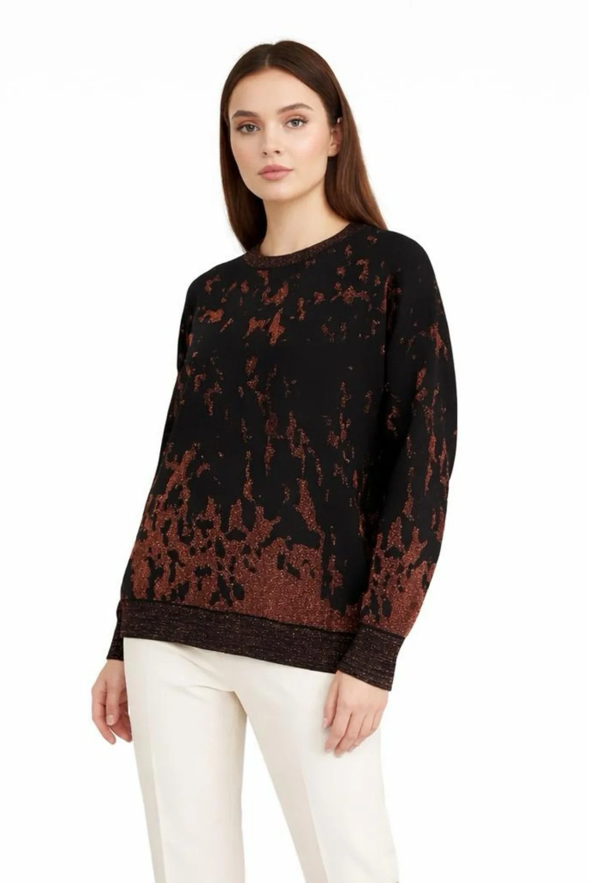 Kadın GOLD KAHVE Sim Detaylı Bisiklet Yaka Batik Desen Yeni Sezon Likralı Esnek Tiriko Kazak