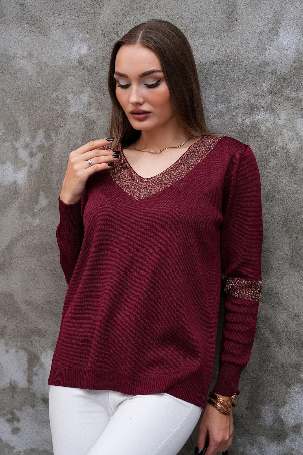 Kadın Bordo V Yaka Yakası Simli Likralı Rahat Kalıp İnce Triko Buluz