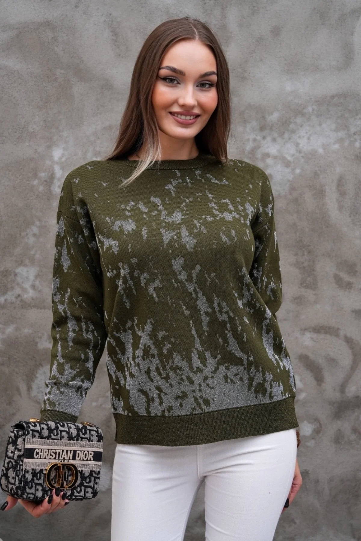 Kadın Haki Yeşile Gri Sim Detaylı Bisiklet Yaka Batik Desen Yeni Sezon Likralı Esnek Tiriko Kazak