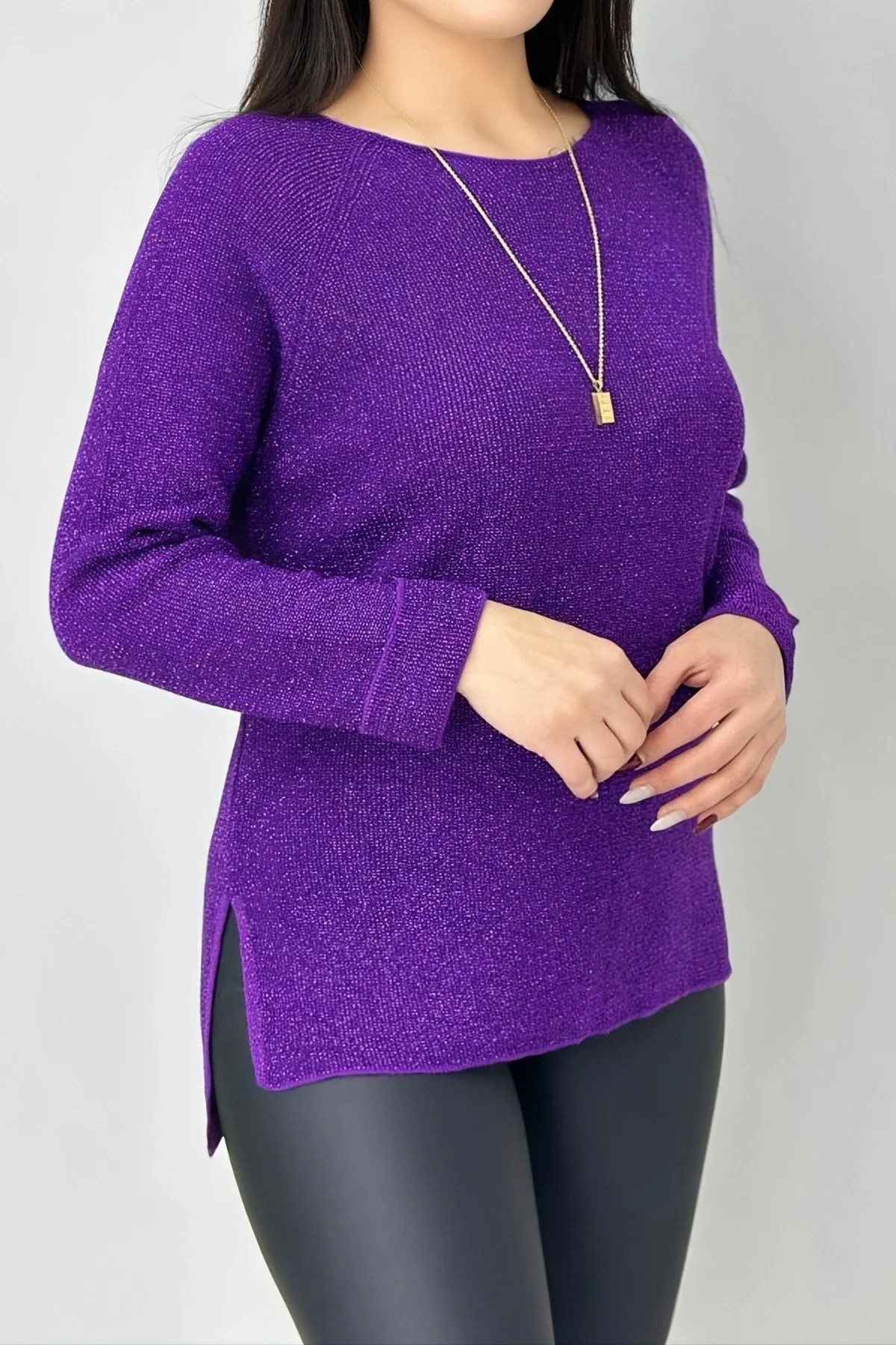 Kadın Mor Bisiklet Yaka SİMLİ İnce Tiriko Duble Kol Manşetli Bluz