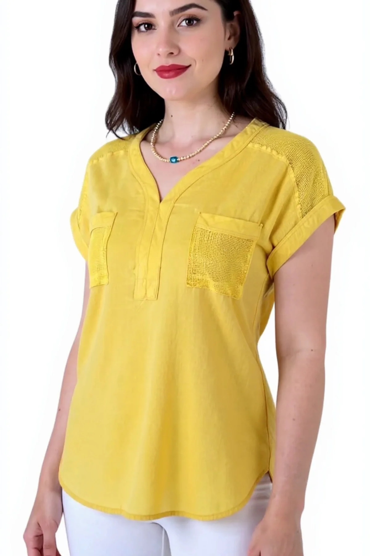 Kadın Sarı Omzu Ve Cebi FİLE DETAYLI Yıkamalı Keten Kumaş Kısa Kol Buluz Gömlek