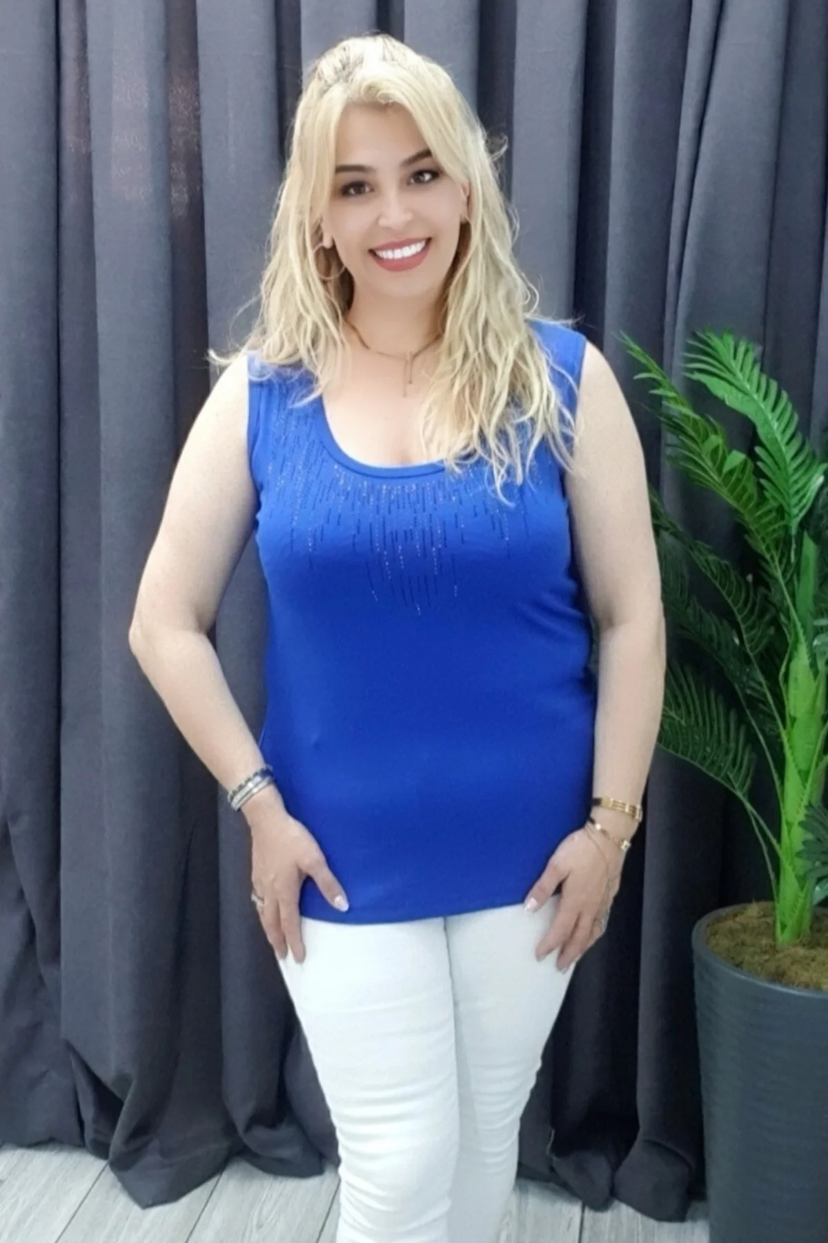 Kadın Mavi  Bisiklet Yaka Büyük Beden Yakası Taş İşlemeli Likralı Buluz