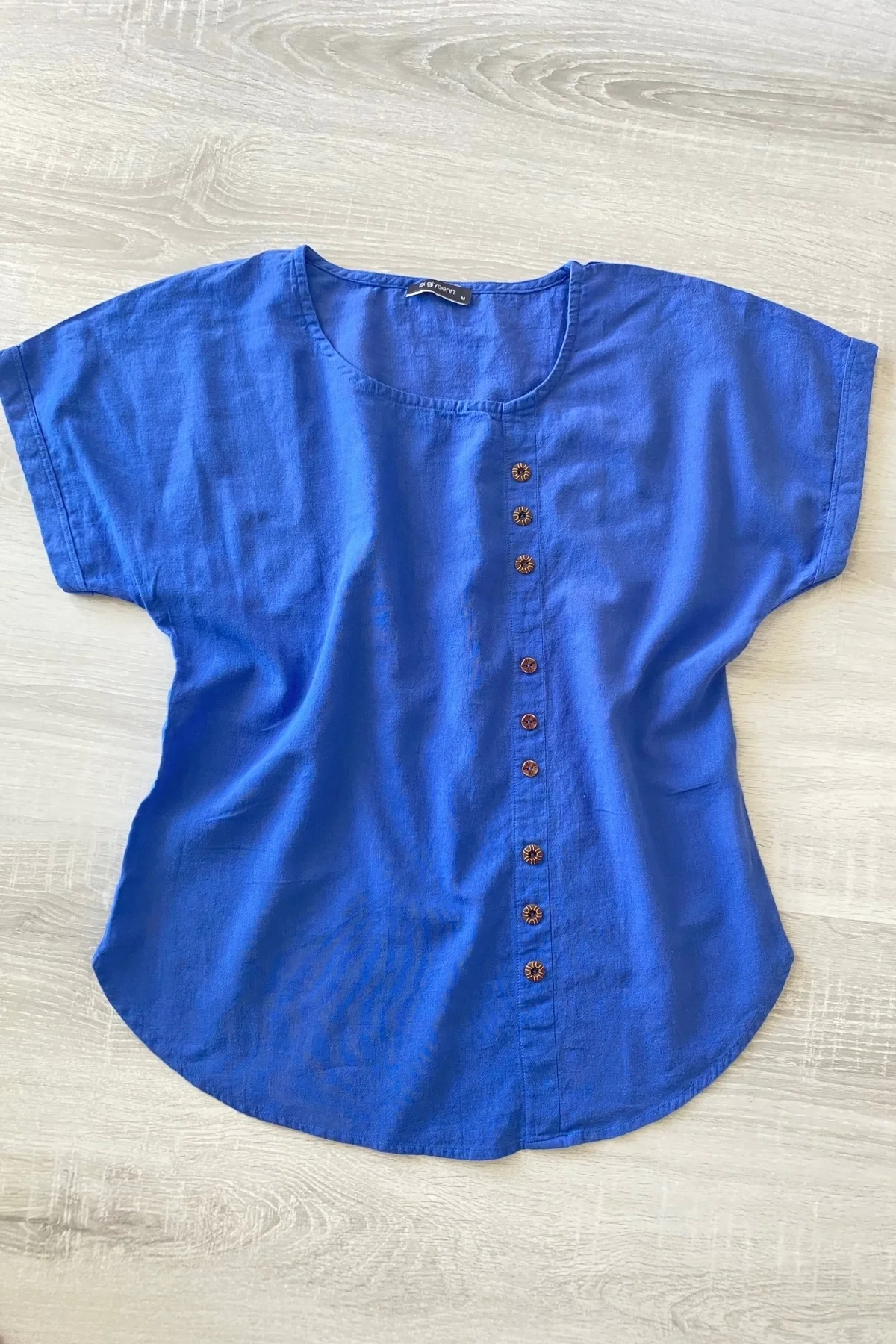 Kadın Mavi Bisiklet Yaka Önü Düğmeli Pamuk Keten Kumaş Buluz