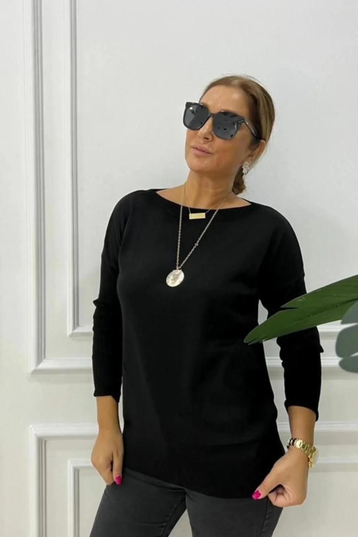 Kadın Siyah Bisiklet Yaka Yandan Cepli Likralı Esnek Yumuşak Dokulu Triko Bluz