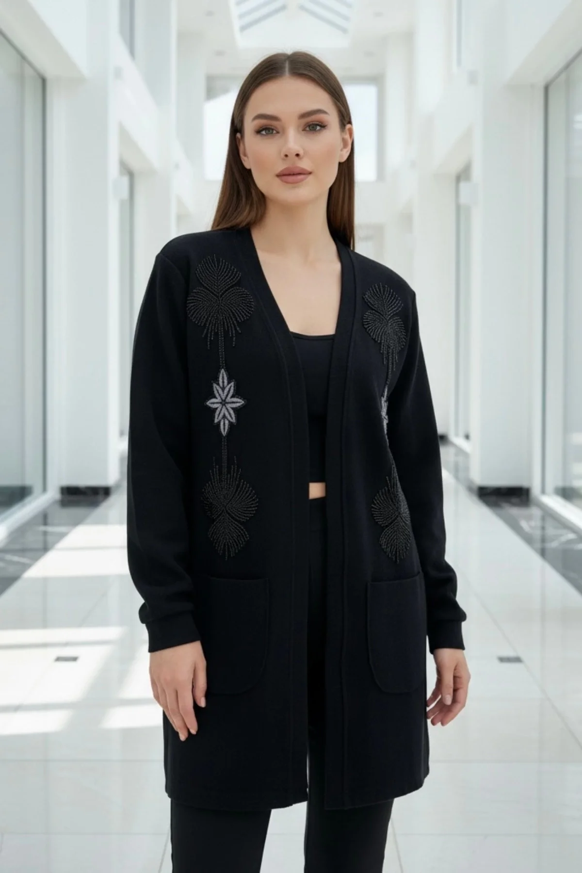Kadın Siyah Etnik Yıldızlı Boncuk İşlemeli Selanik Kumaş Cepli Ceket