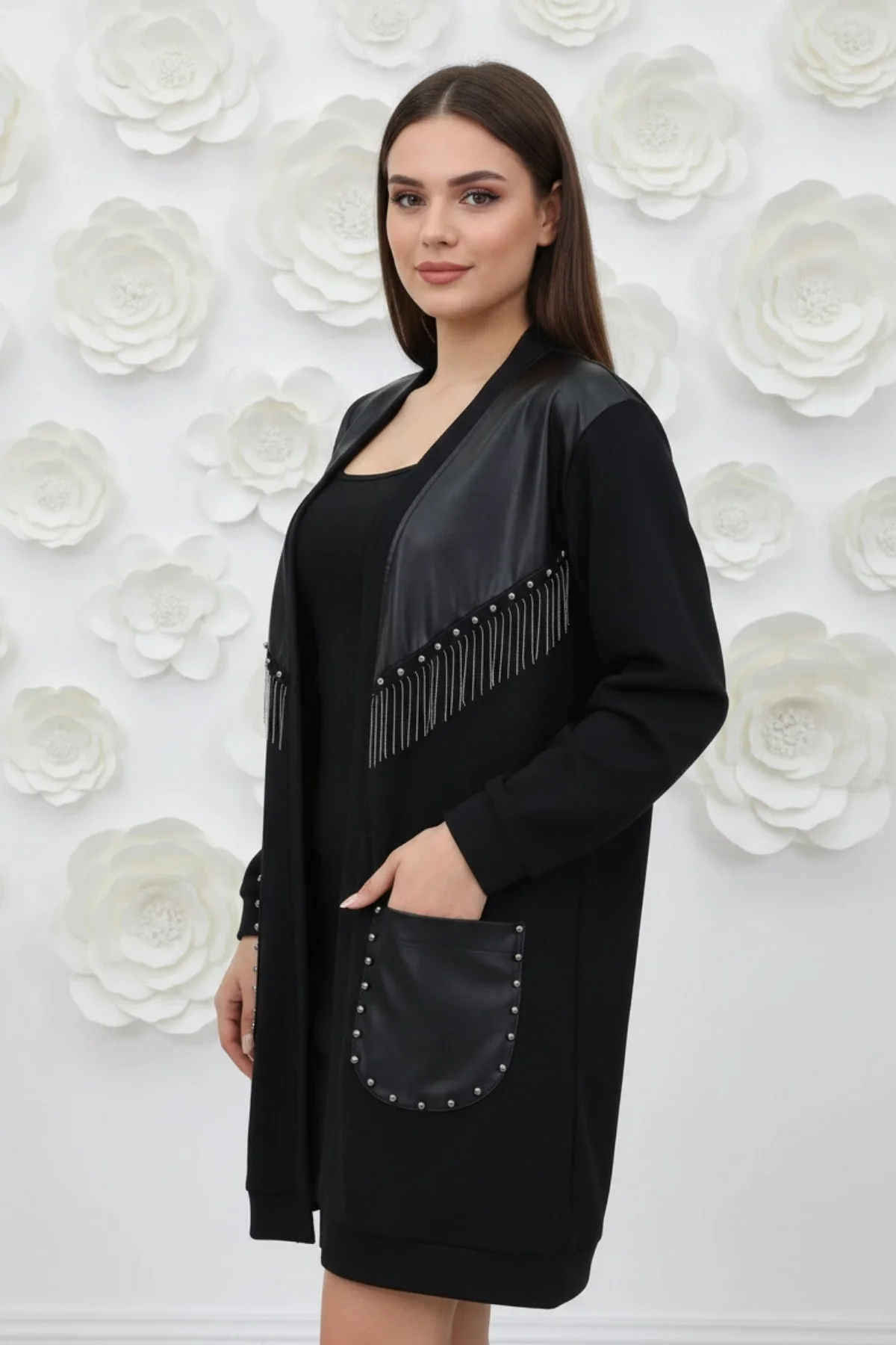 Kadın Siyah Deri Detaylı Selanik Kumaş Cepli Ceket