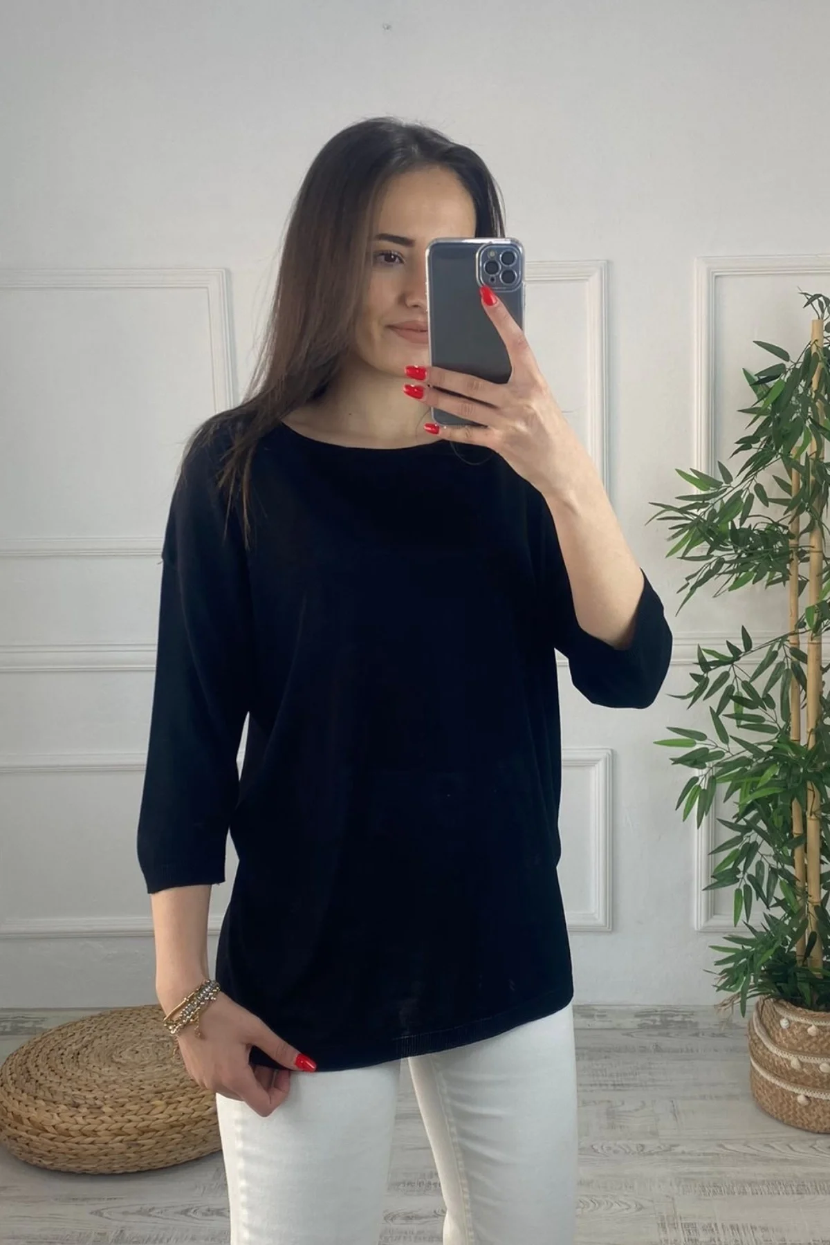 Kadın Siyah Kayık Yaka Likralı % 100 PAMUK İPLİK İnce Triko Bluz