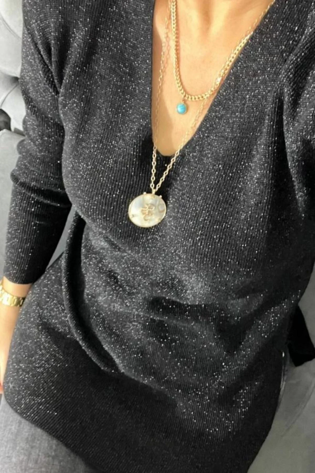 Kadın Siyah V Yaka Likralı Dışı Simli İçi Yumoş İnce Triko Bluz