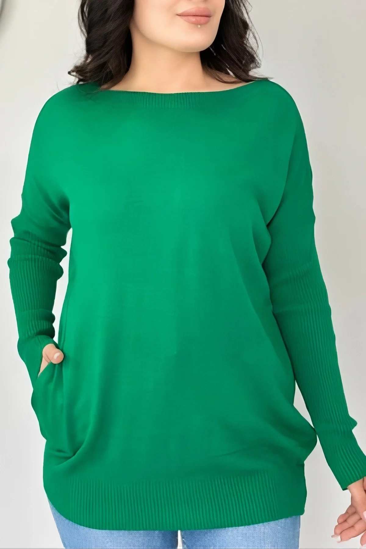 Kadın YEŞİL Bisiklet Yaka Yandan Cepli Likralı Yumuşak Dokulu İnce Tiriko Kazak