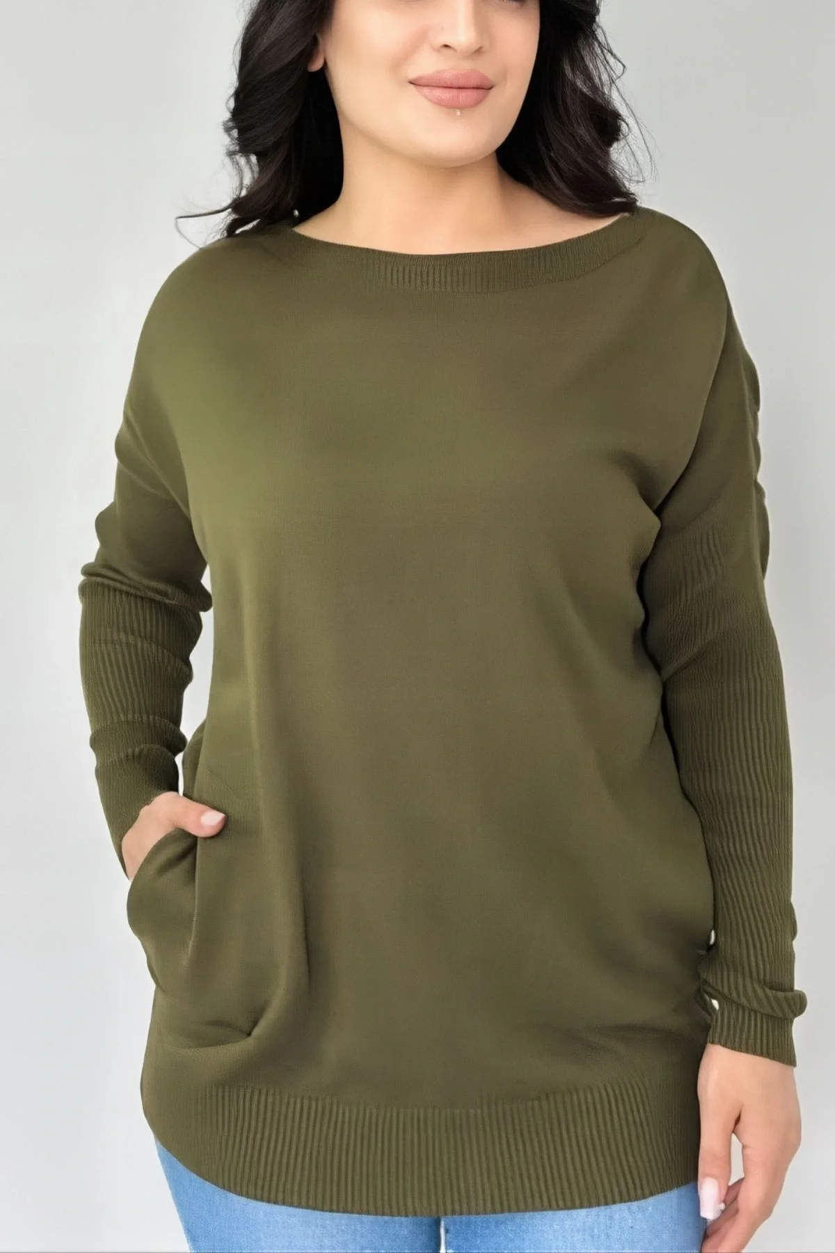 Kadın HAKİ YEŞİLİ Bisiklet Yaka Yandan Cepli Likralı Yumuşak Dokulu İnce Tiriko Kazak