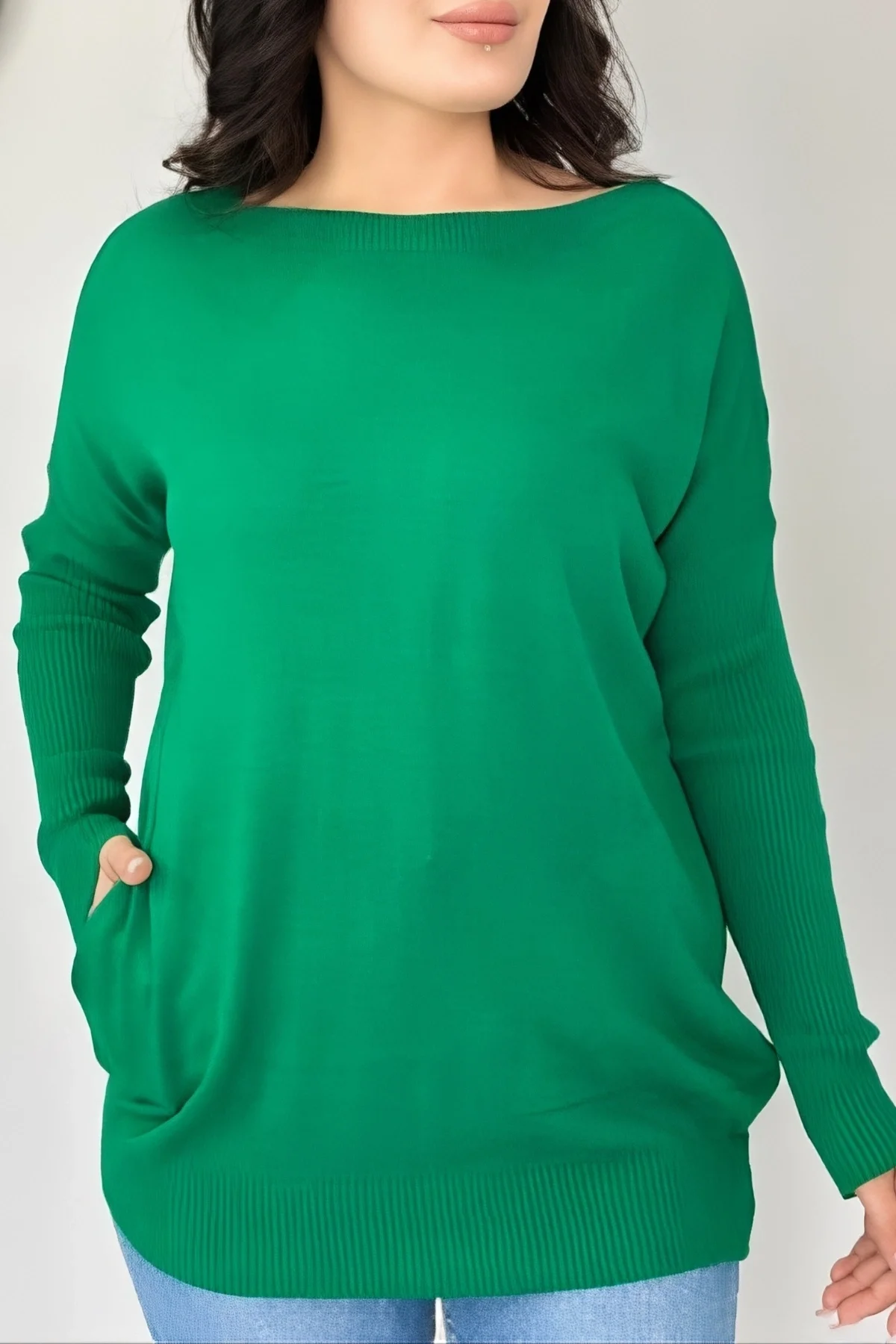 Kadın Yeşil Bisiklet Yaka Yandan Cepli Likralı Esnek Yumuşak Dokulu Triko Bluz