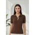 Kadın Kahve Polo Yaka Çıtçıtlı Yarım Patlı Likralı İnce Tiriko Bluz
