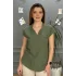 Kadın Yeşil Omzu Ve Cebi Güpürlü Keten Kumaş Kısa Kol Buluz Gömlek