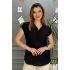 Kadın Siyah Omzu Ve Cebi Güpürlü Keten Kumaş Kısa Kol Buluz Gömlek