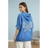 Kadın Açık Mavi Büyük Beden Sırtı Kelebek Nakışlı Kol Katlamalı Pamuk Keten Kumaş Gömlek Ceket
