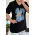 Kadın Büyük Beden Siyah V Yaka Yaprak Pul İşlemeli % 100 PAMUK PENYE Kumaş Kısa Kol Buluz Tişört