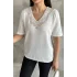 Kadın Beyaz V Yaka Yakası Ve Sırtı Detaylı Soğuk İpilik Merserize Likralı Buluz