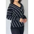 Kadın Siyah-Gıri V Yaka Simli Verev Çizgili Likralı Tiriko Bluz