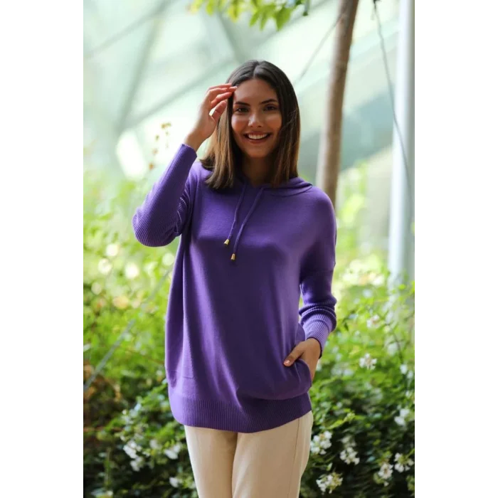 Kadın Mor Kapşonlu Kanguru Cepli Triko Sweat